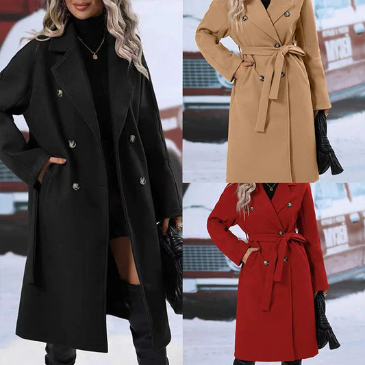 Women's Double-Breasted Trench Coat with Polo Collar and Lace-Up Belt.