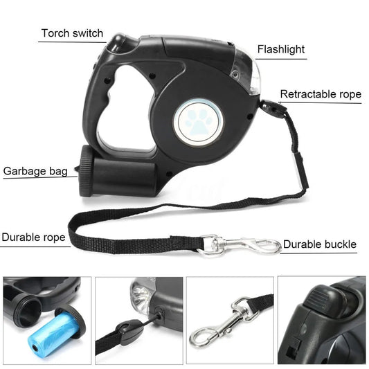 LED Dog Leash with Build in Doggy Bags Storage.